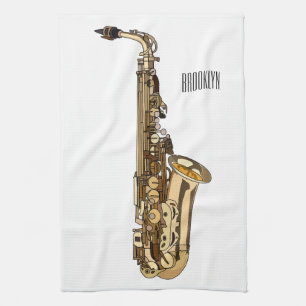Saxophone cartoon illustration tea towel
