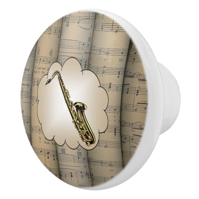 Saxophone ~Cloud~ Rolled Sheet Music Background ~ Ceramic Knob (Right)
