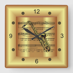 Saxophone ~ Curved Sheet Music ~ Gold Background ~ Square Wall Clock
