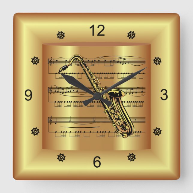 Saxophone ~ Curved Sheet Music ~ Gold Background ~ Square Wall Clock (Front)