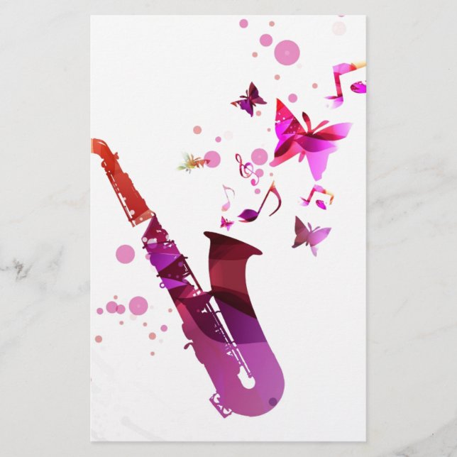 Saxophone cute music and butterflies stationery (Front)