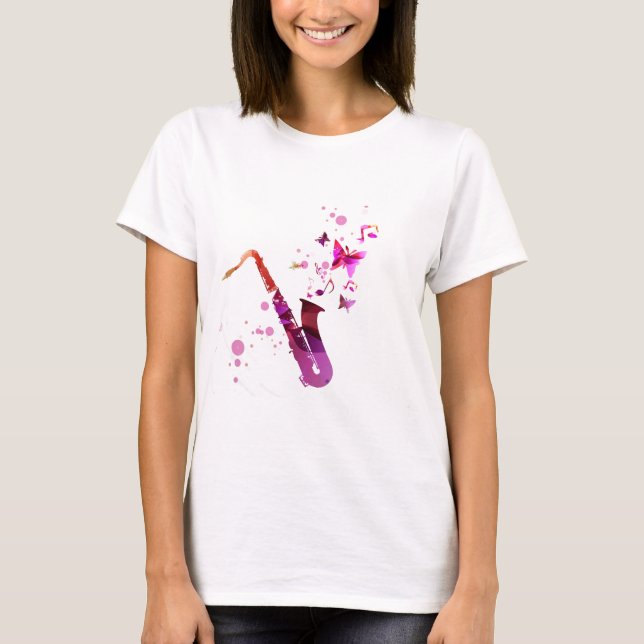 Saxophone cute music and butterflies T-Shirt (Front)