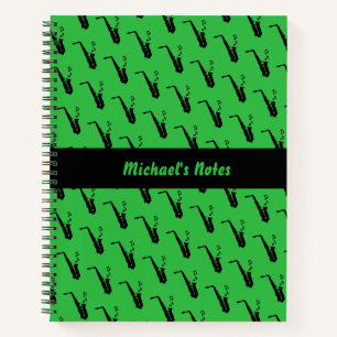 Saxophone Fun Music Notes Personalised Green Notebook