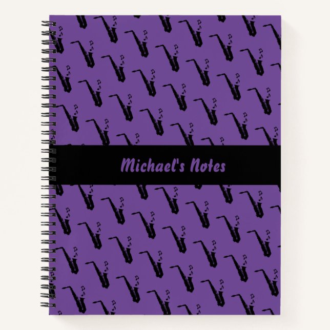 Saxophone Fun Music Notes Personalised Purple Notebook (Front)