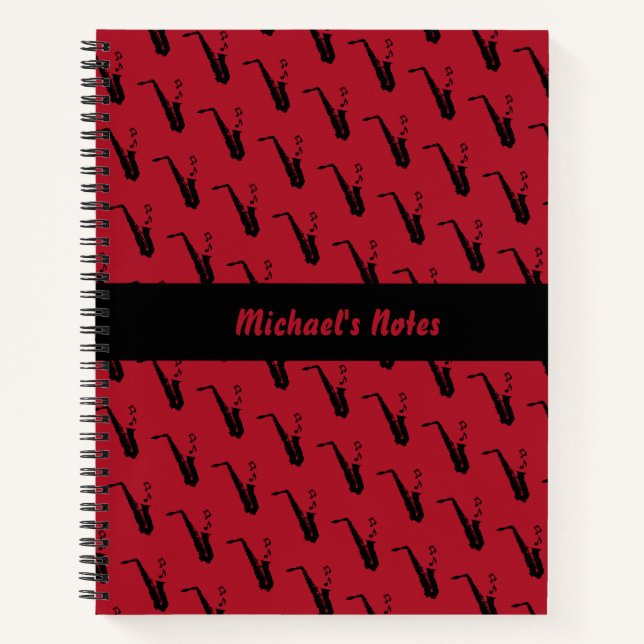 Saxophone Fun Music Notes Personalised Red Notebook (Front)