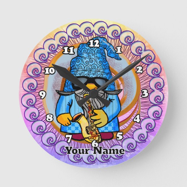 Saxophone gnome round clock (Front)