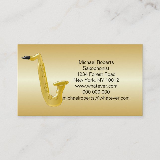Saxophone Gold Coloured Saxophonist Business Card (Front)