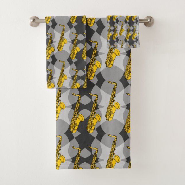 Saxophone Grey Pattern Bath Towel Set (Insitu)
