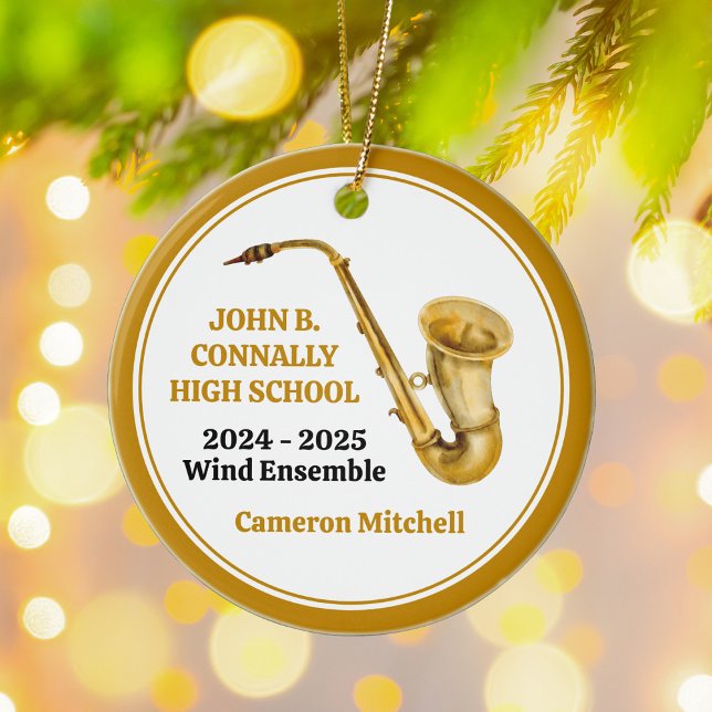 Saxophone High School Band Custom Gold Christmas Ceramic Ornament (Creator Uploaded)