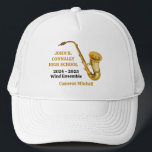 Saxophone High School Band Gold Personalised Trucker Hat<br><div class="desc">This modern custom gold high school marching band graduation hat features the student and band name under the saxophone instrument. Customise for symphonic,  wind ensemble,  or concert band members or their director for a great graduation keepsake gift.</div>