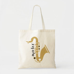 Saxophone Illustration In Golden Glitter Texture Tote Bag