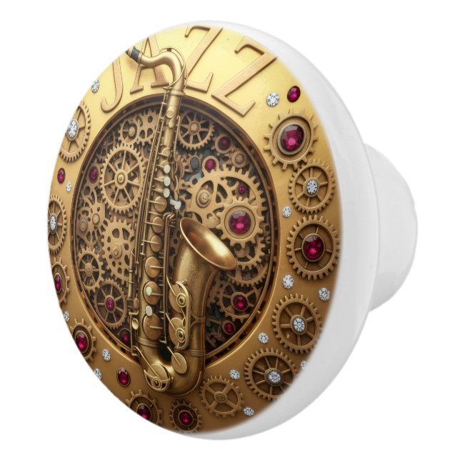 Saxophone, Jazz, Gold, Mechanical, Steampunk Ceramic Knob (Right)