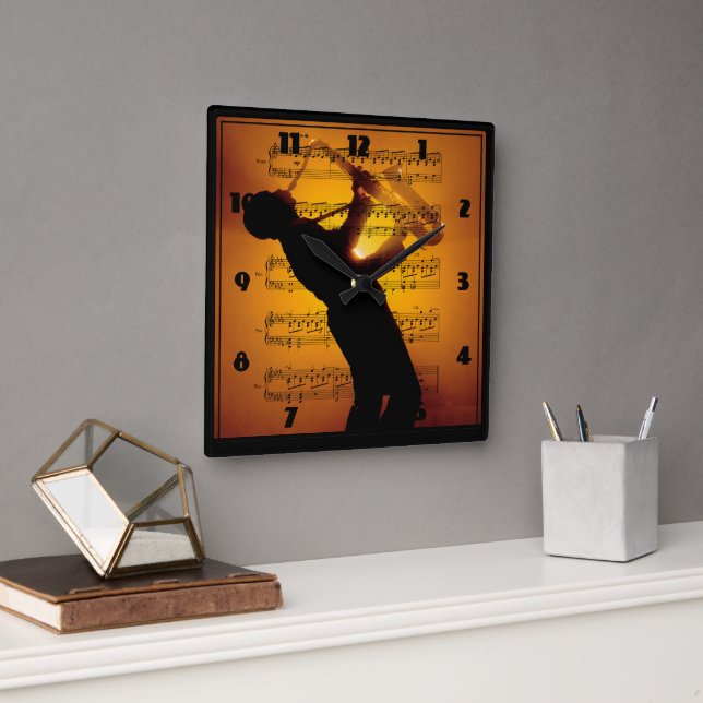 Saxophone Man Musician Sheet Music Square Wall Clock (Office)