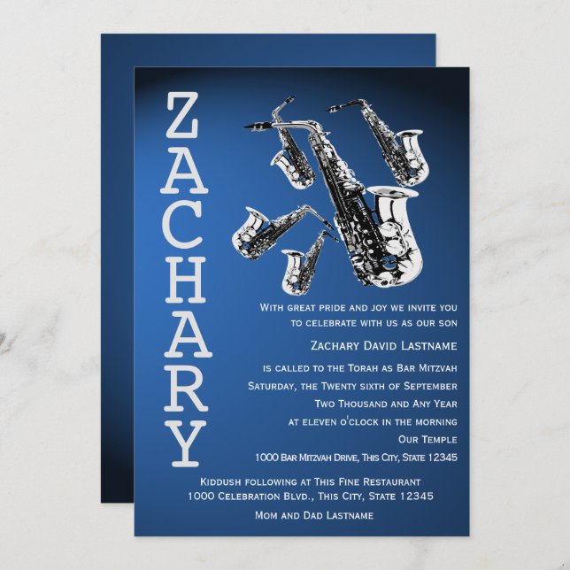 Saxophone Mania Music Blue Bar Mitzvah Invitation (Front/Back)