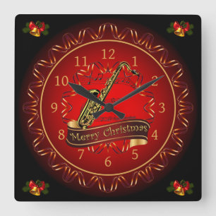 Saxophone ~ Merry Christmas ~ Maroon & Black ~ Square Wall Clock