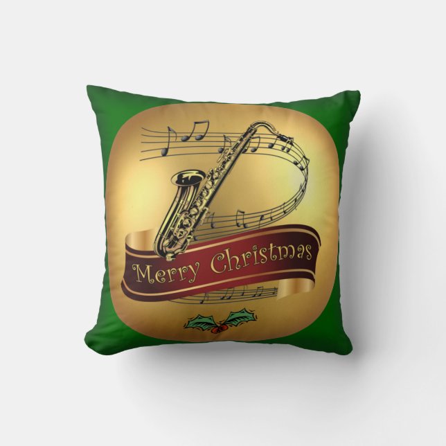 Saxophone ~ Merry Christmas & Musical Scroll ~  Cushion (Front)