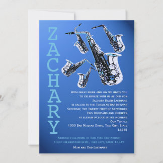 Saxophone Music Blue Bar Mitzvah Invitation