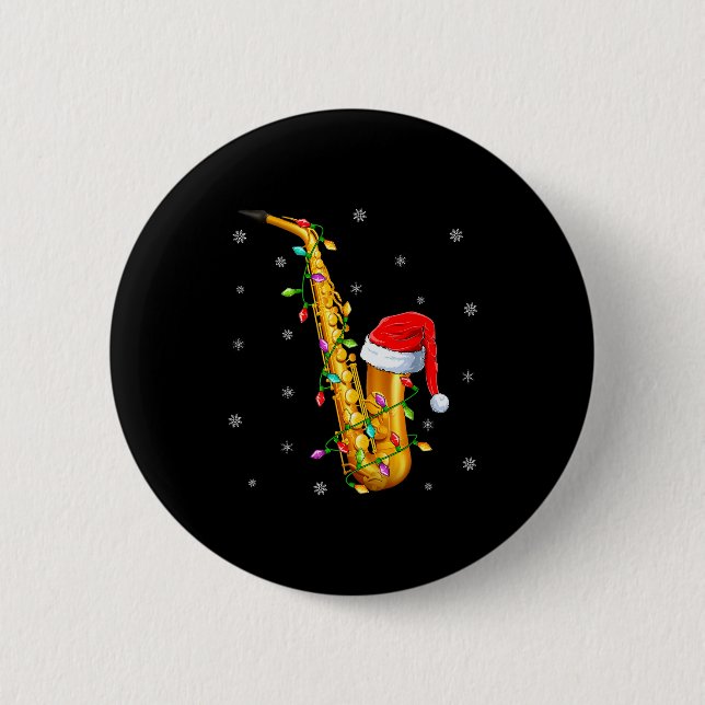 Saxophone Music Lover Xmas Lights Santa Saxophone  6 Cm Round Badge (Front)