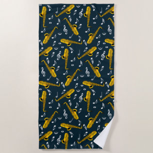 Saxophone Music Note Pattern Beach Towel
