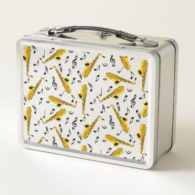 Saxophone Music Note Pattern Metal Lunch Box (Back)