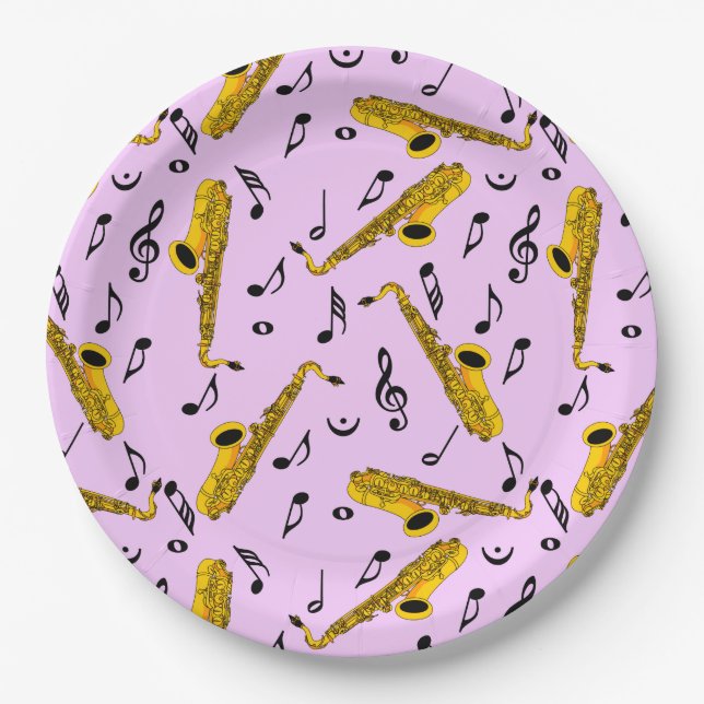 Saxophone Music Note Pattern Paper Plate (Front)