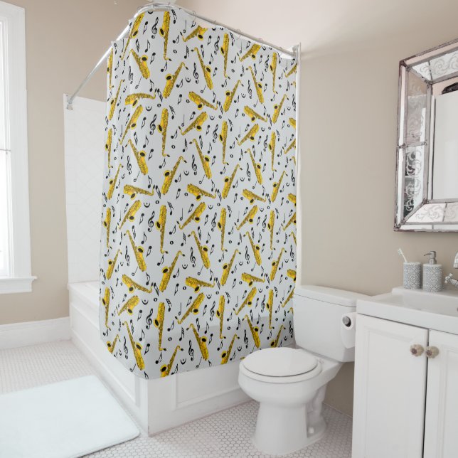 Saxophone Music Note Pattern Shower Curtain (In Situ)