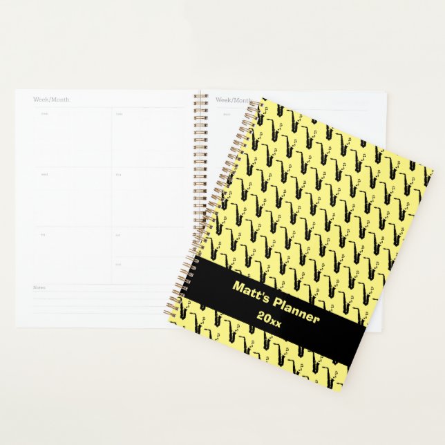 Saxophone Music Notes Personalised Yellow Planner (Display)