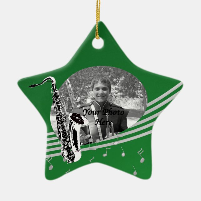 Saxophone Music Photo Green Ceramic Tree Decoration (Front)