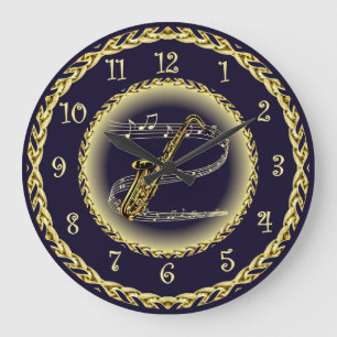 Saxophone ~ Musical Scroll ~ Gold/Navy Blue ~ Large Clock