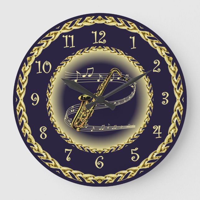Saxophone ~ Musical Scroll ~ Gold/Navy Blue ~  Large Clock (Front)