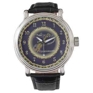 Saxophone ~ Musical Scroll ~ Gold/Navy Blue ~ Watch
