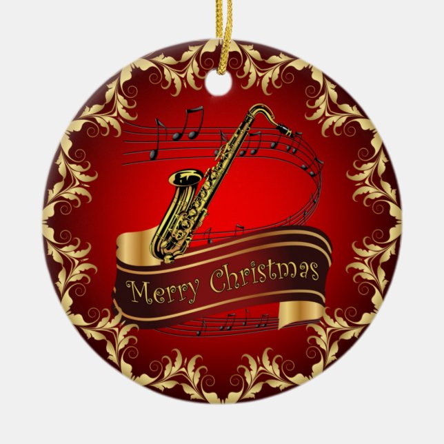 Saxophone ~ Musical Scroll ~ Merry Christmas ~ * ~ Ceramic Ornament (Front)