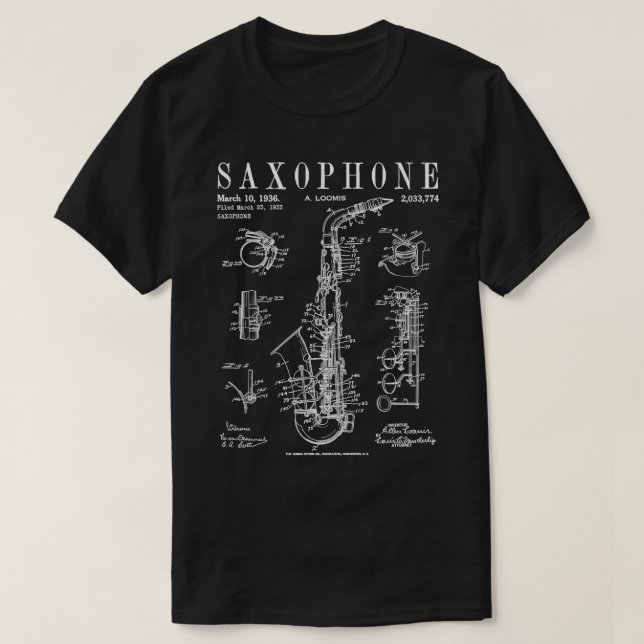 Saxophone Old Vintage Patent Drawing Print  T-Shirt (Design Front)