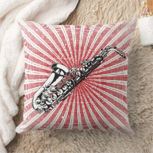 Saxophone on Grunge Red Sunburst Cushion