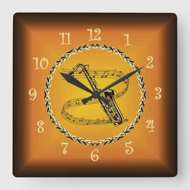 Saxophone  On Musical Scroll & Russet Orange ~ Square Wall Clock (Front)