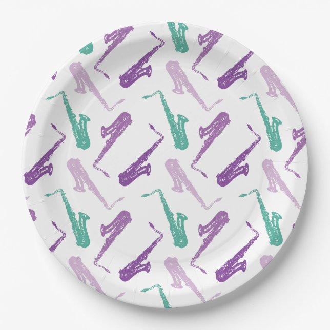 Saxophone Pattern - Purple and Teal Paper Plate (Front)