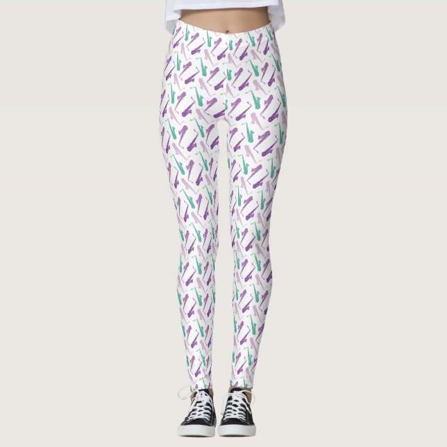 Saxophone Pattern Purple Teal Leggings (Front)