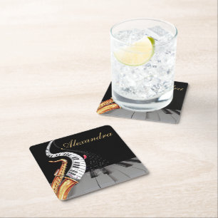 Saxophone Personalised Black Gold Square Paper Coaster