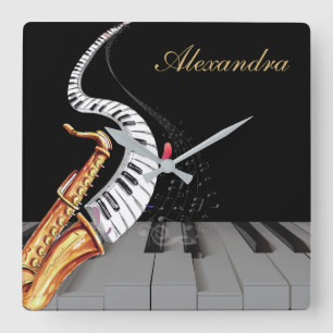 Saxophone Piano Music Luxury Personalised Square Wall Clock