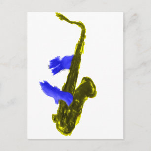 Saxophone played by two hands, blue and yellow postcard