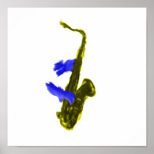 Saxophone played by two hands, blue and  yellow poster