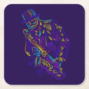 Saxophone Player Abstract Neon Drawing Square Paper Coaster