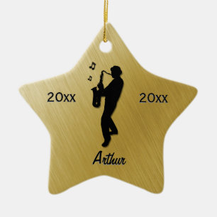 Saxophone Player Gold Name / Date Ceramic Tree Decoration