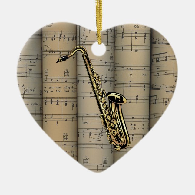 Saxophone ~ Rolled Sheet Music Background ~ Music Ceramic Ornament (Front)