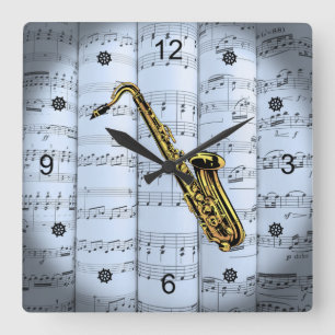 Saxophone~Rolled Sheet Music~Blue Tint Background  Square Wall Clock