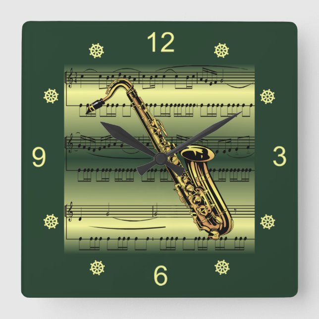 Saxophone~Rolled Sheet Music~Gold/Green Background Square Wall Clock (Front)