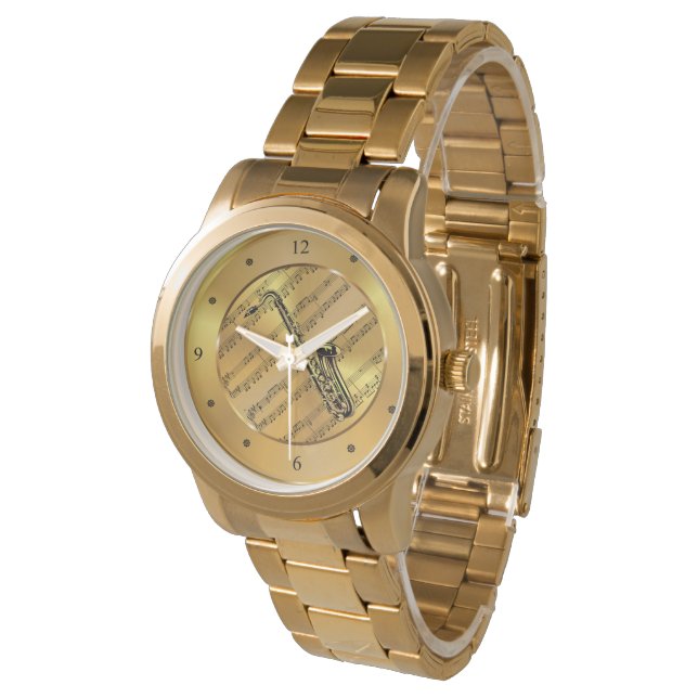 Saxophone ~ Sheet Music ~ Gold Background ~ Unique Watch (Angled)