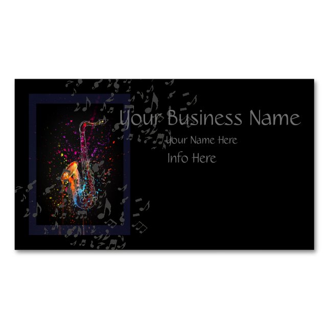 Saxophone Splash And Music Notes Magnetic Business Card (Front)