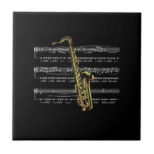 Saxophone w/Sheet Music ~ Black Background Ceramic Tile