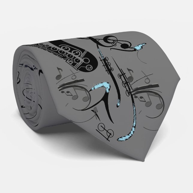 Saxophones and Musical Notes on Grey on a Tie (Rolled)